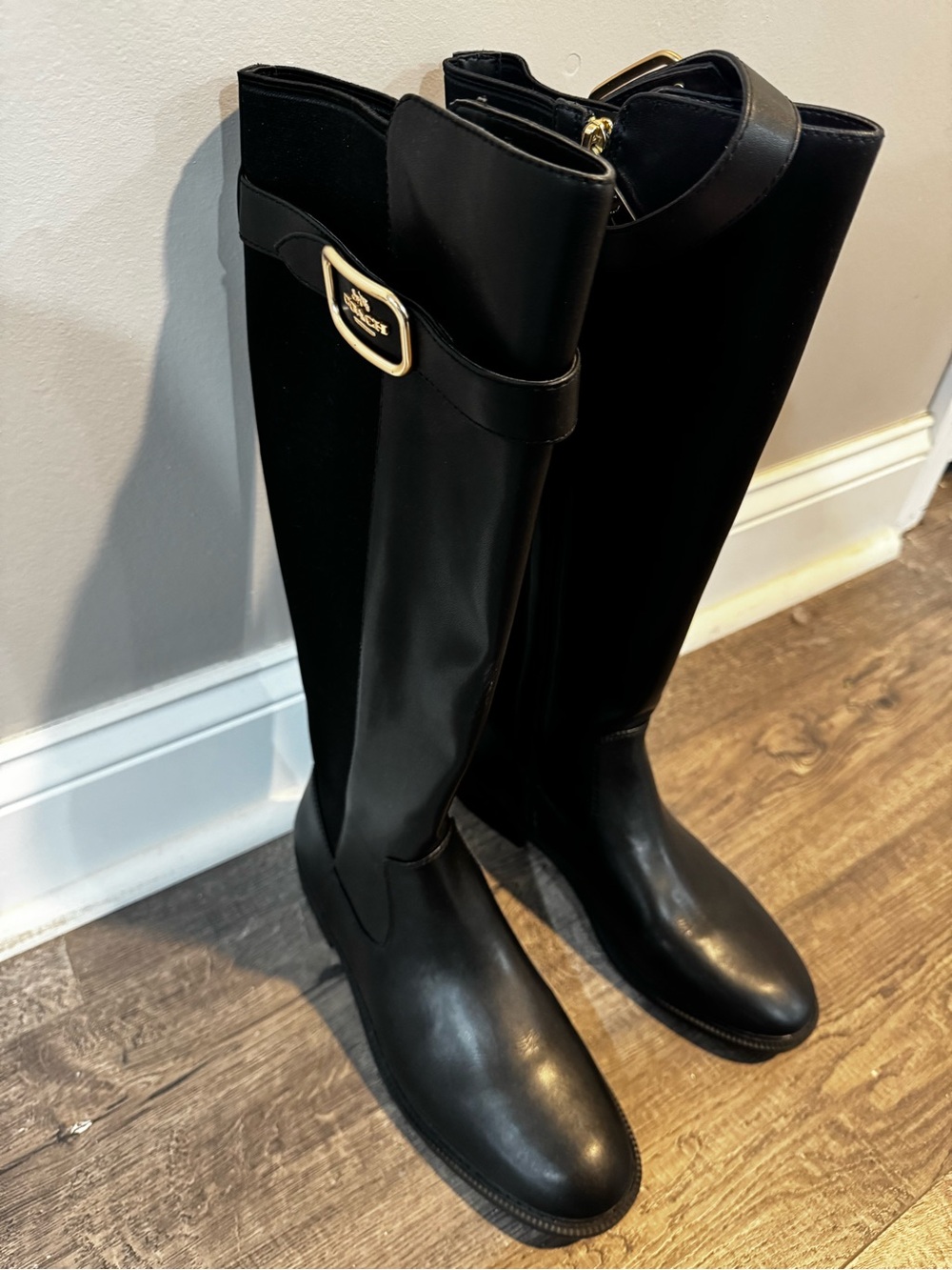 Coach Black Leather Knee-High Riding Boots with Gold Buckle